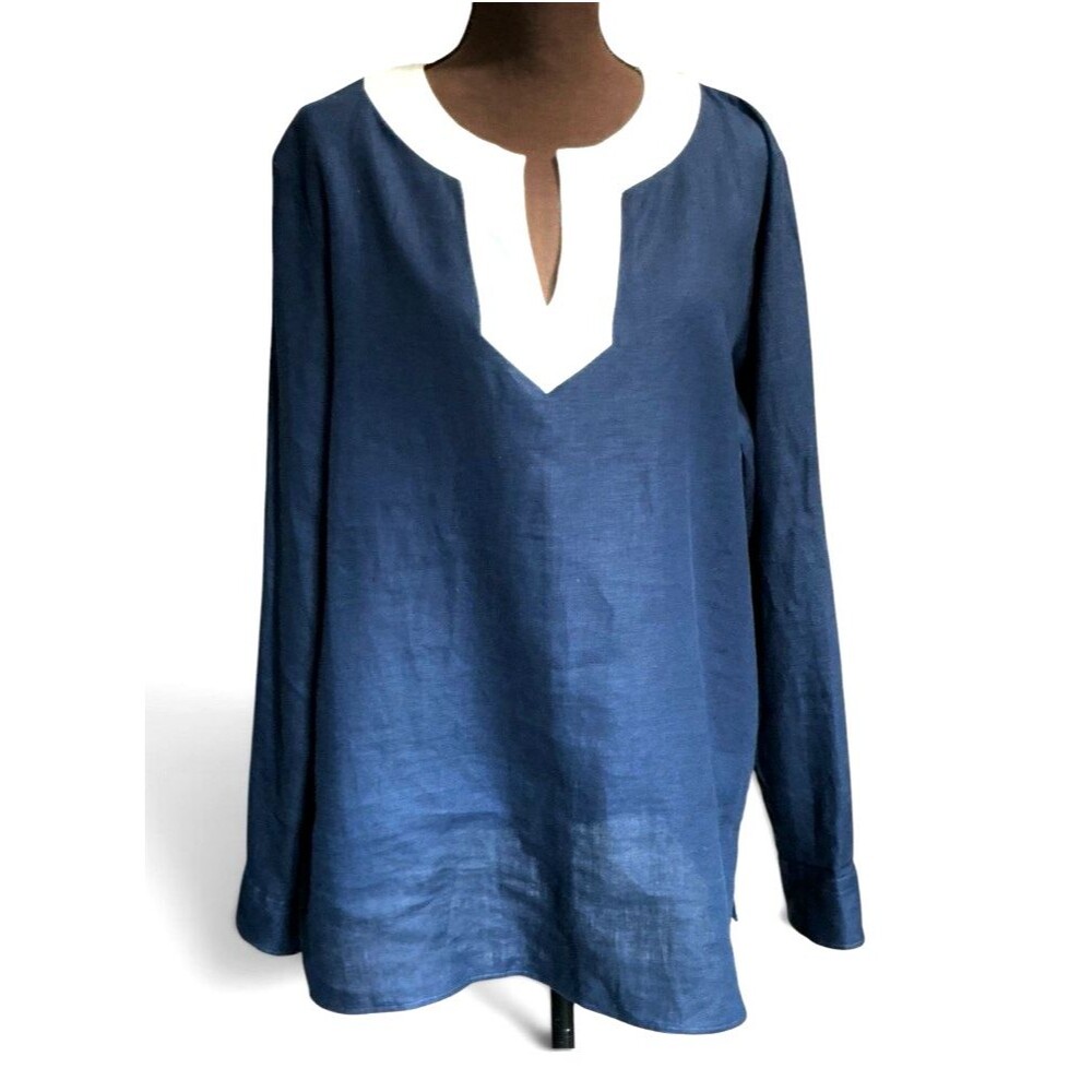 Lauren Ralph Lauren Linen Tunic Size XL Navy Blue White Trim Fool Up Sleeves